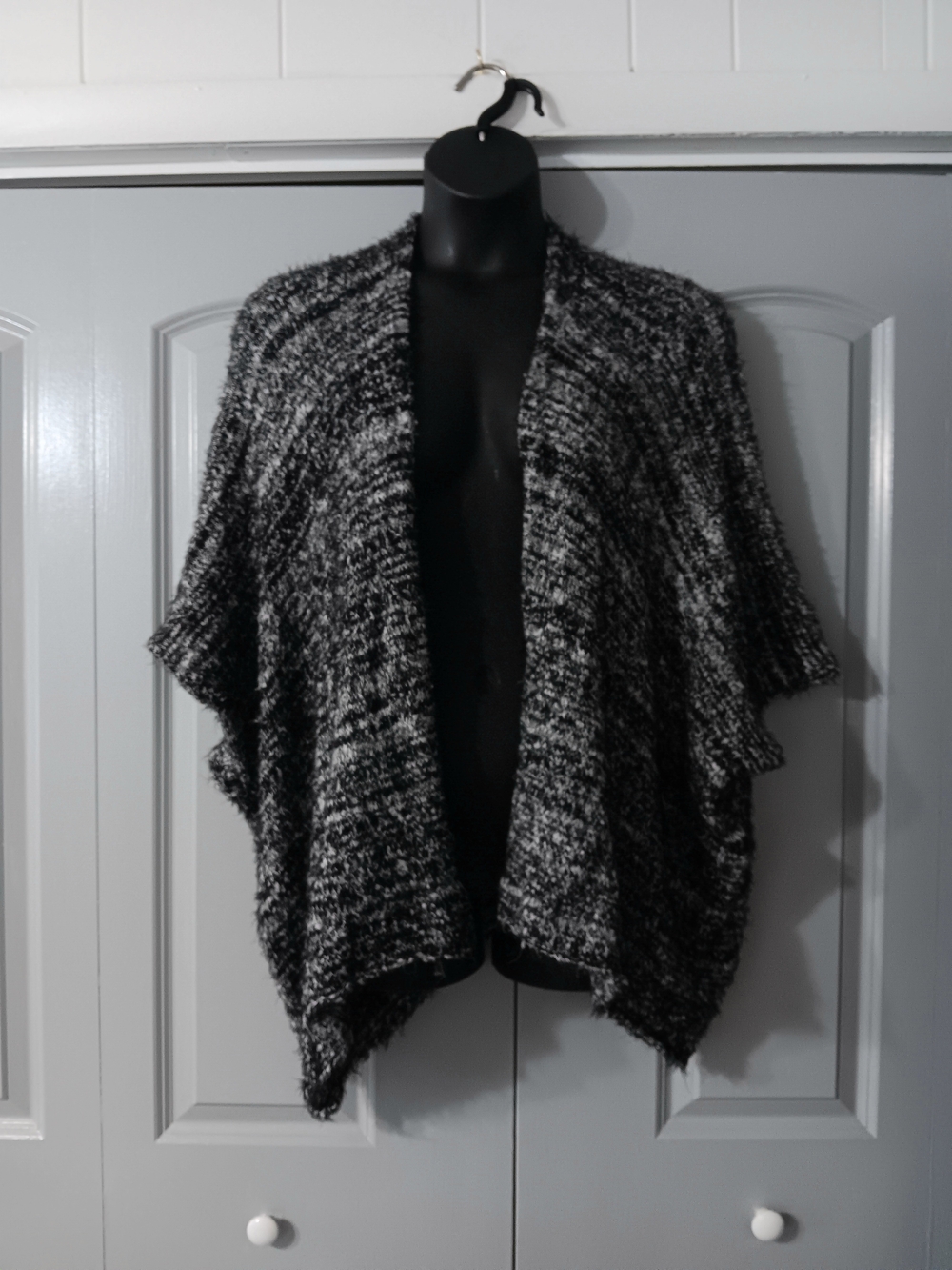 bebe Black and White Marled Open-Front Poncho Sweater